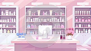 Set of goods for women cartoon modern illustration, makeup or body care beauty shop with cosmetic bottles on showcase