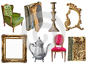 Set of 8 gorgeous old vintage items. Old books, vintage armchairs, tray, jug, picture frame isolated on white background