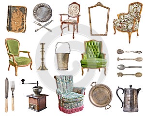 Set of 21 gorgeous old vintage items. Old dishes, appliances, kettles, chairs, books, coffee grinder, candlesticks, picture frames