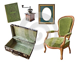 Set of 5 gorgeous old vintage items. Suitcase, book, coffee grinder, frame, chair. Isolated on white background