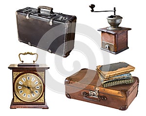 Set of gorgeous old vintage items. Suitcases, books, watches, coffee grinder Isolated on white background