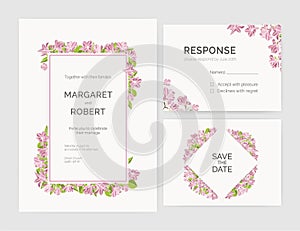 Set of gorgeous wedding invitation, save the date and response card templates decorated by magnolia tree flowers hand