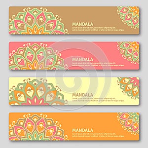 Set of gorizontal cards with hand drawn mandala. Oriental style, vintage decorative elements.