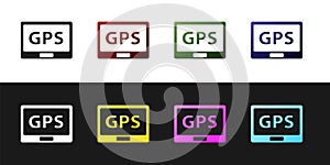 Set Gps device with map icon isolated on black and white background. Vector Illustration.