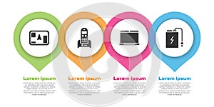 Set Gps device with map, Telephone, Laptop and Power bank with charge cable. Business infographic template. Vector