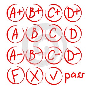 Set of Grades at School. Grade Results in red