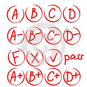 Set of Grades at School. Grade Results in red