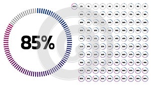 Set of gradient circle percentage diagrams from 0 to 100 for Web Design, User Interface UI UX or Infographic. Indicator Colorful