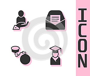 Set Graduate and graduation cap, Life insurance in hand, Ball chain and Mail e-mail icon. Vector