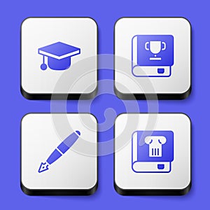 Set Graduation cap, Book, Fountain pen nib and History book icon. White square button. Vector