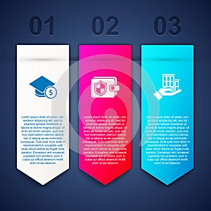 Set Graduation cap and coin, Wallet with shield and House insurance. Business infographic template. Vector