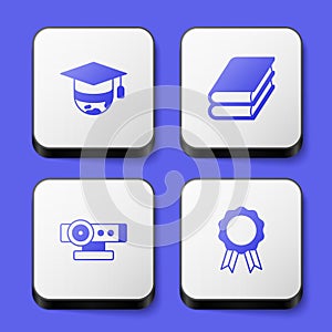 Set Graduation cap on globe, Book, Web camera and Online education with diploma icon. White square button. Vector