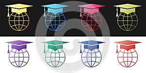 Set Graduation cap on globe icon isolated on black and white background. World education symbol. Online learning or e