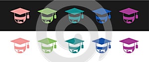 Set Graduation cap on globe icon isolated on black and white background. World education symbol. Online learning or e