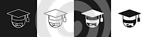 Set Graduation cap on globe icon isolated on black and white background. World education symbol. Online learning or e
