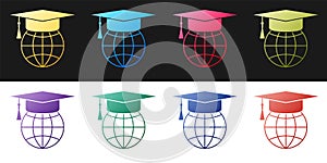Set Graduation cap on globe icon isolated on black and white background. World education symbol. Online learning or e-learning