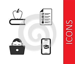 Set Graduation cap on mobile, Book with apple, Student working laptop and Online quiz, test, survey icon. Vector