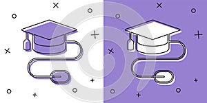 Set Graduation cap with mouse icon isolated on white and purple background. World education symbol. Online learning or e