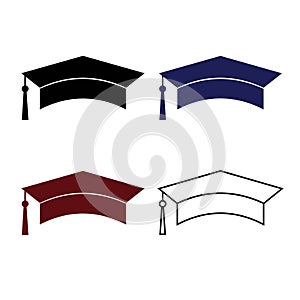 Set of graduation cap, student hat, bachelor cap icons, flat vector icon illustration. Black, blue, red symbol