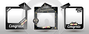 Set of graduation party photo booth props. Concept for selfie. Frame with cap for grads. Photobooth vector element. Congradulation