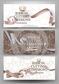 Set of grand opening banners with beige curly sparkling ribbons and floral design background.