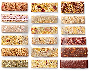 Set of granola bars muesli or cereal bar isolated on white