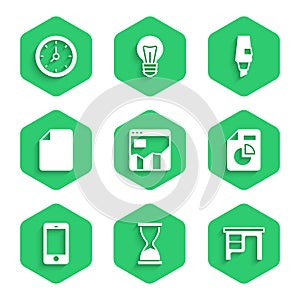 Set Graph chart infographic, Old hourglass, Office desk, Document with, Mobile phone, File document, Marker pen and