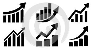 Set graph diagram up icon, business growth success chart with arrow, business bar sign, profit growing symbol, progress bar symbol photo