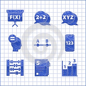 Set Graph, schedule, chart, diagram, Test or exam sheet and pen, Mobile calculator interface, Abacus, Calculation, XYZ