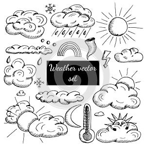 Set of graphic clouds, sun, thermometer, lightning, rainbow, moon, snowflakes, rainy weather, forecast. Vector hand drawn