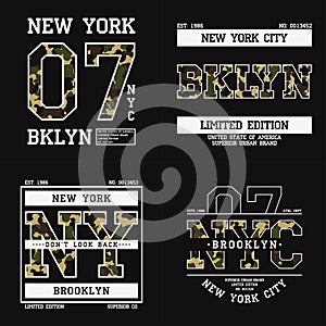 Set of graphic design for t-shirt with camouflage texture. New York tee shirt print with slogan. Brooklyn apparel typography.