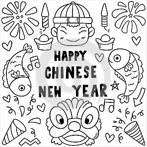 Set of graphic element related to Chinese tradition in doodle style on chalkboard background 002