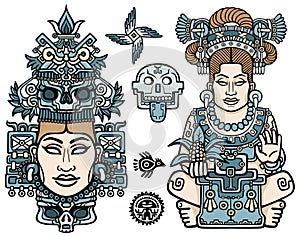 Set of graphic elements based on motives of art Native American Indian. Woman, mother, goddess, queen, esoteric symbol.