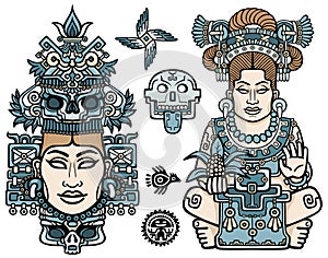 Set of graphic elements based on motives of art Native American Indian. Woman, mother, goddess, queen, esoteric symbol. photo