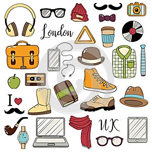 Set of graphic elements. Hipster accessories. Doodle cartoon comic background, wallpaper, template, backdrop. Set of