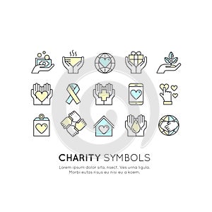 Set of Graphic Elements for Nonprofit Organizations and Donation Centre. Fundraising Symbols, Crowdfunding Project Label, Charity