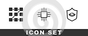 Set Graphic password protection, Processor with microcircuits CPU and Shield and eye icon. Vector