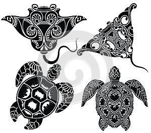 Set of graphic sea turtle and vector stingray or manta ray.