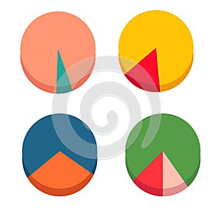 Set of graphic statistics pie charts from multicolored segments in various percentage proportion ratios for comparative analysis