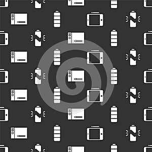 Set Graphic tablet, Broken battery, Graphic tablet and Battery charge level indicator on seamless pattern. Vector