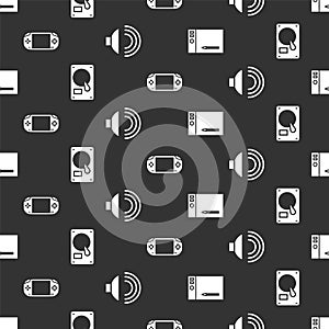 Set Graphic tablet, Hard disk drive HDD, Portable video game console and Speaker volume on seamless pattern. Vector