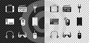 Set Graphic tablet, Radio with antenna, Electric plug, Headphones, Smart glasses, Computer mouse, and Wireless computer