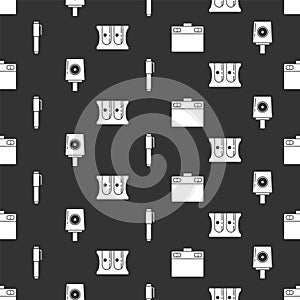 Set Graphic tablet, Spray can nozzle cap, Pen and Pencil sharpener on seamless pattern. Vector photo