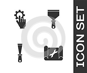 Set Graphing paper and wrench, Settings the hand, Putty knife and icon. Vector