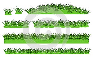 Set of Grass close-up. Green summer landscape. Rural pasture meadow. Cartoon style. Lawn. Flat design. Isolated on white