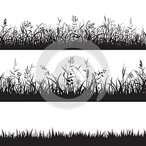 Set of grass seamless borders. Black silhouette of grass, spikes and herbs. Vector.