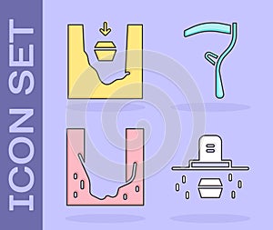 Set Grave with coffin, Coffin in grave, Cemetery digged grave hole and Scythe icon. Vector