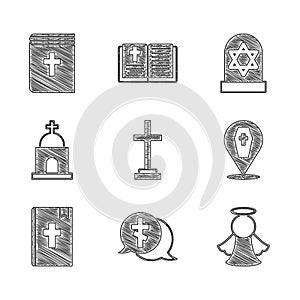 Set Grave with cross, Angel, Coffin, Holy bible book, Old crypt, star david and icon. Vector