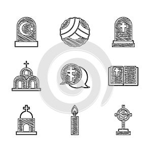 Set Grave with cross, Burning candle, Holy bible book, Old crypt, Church building, tombstone and Muslim cemetery icon