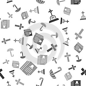 Set Grave with cross, Umbrella, Christian cross and Death certificate on seamless pattern. Vector